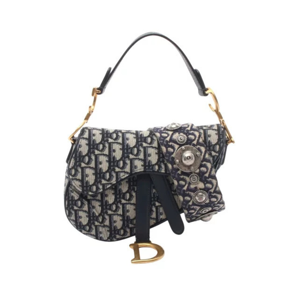 Christian Dior Saddle Bag Oblique Handbag Canvas Leather Navy Blue Beige Cream